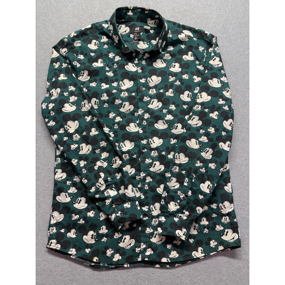HM Disney Mickey Mouse Button Down Shirt Mens Medium Green Polka Dot Long Sleeve